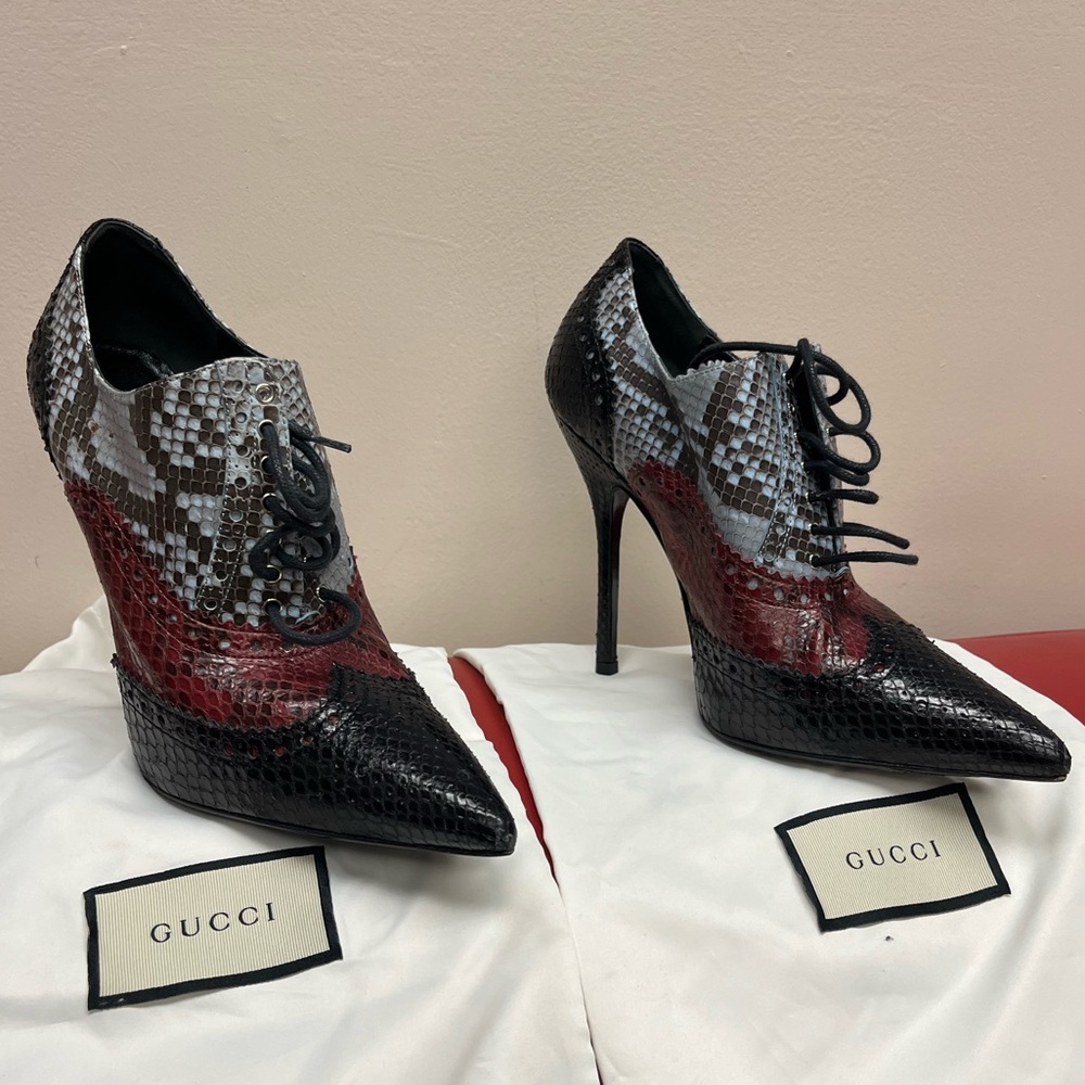 Gucci Tricolor Brogue Python Oxford Booties 36 6